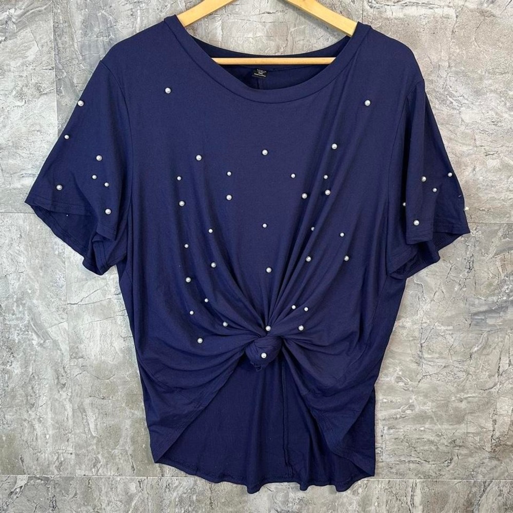 Navy blue pearl front tie top With pearls Woman's Size‎ 4XL  #pearltop